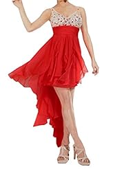 V-neck Natural   Waistline Chiffon Asymmetric Beaded Spaghetti Strap Prom Dress 