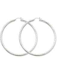 14k White Gold Diamond-Cut 3mm Round Hoop Earrings