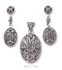 Childrens Toyshop  Jewelry : Sterling Silver Marcasite Heart Design Post Drop Earrings Pendant Set