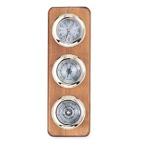 Clock, Barometer and Thermometer Brass Weather Station on Oak Wood Base