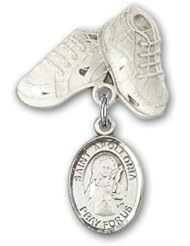 Sterling Silver Baby Badge with St. Apollonia Charm and Baby Boots Pin, Patron Saint of (patronage) dentists, tooth disease, toothache.