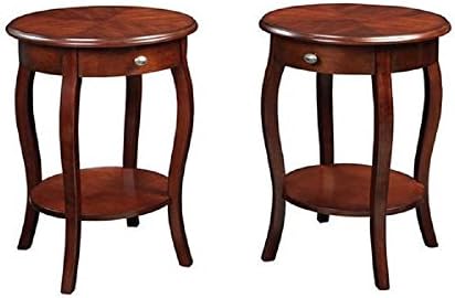 Round End Tables Set of 2 Living Room Accent Side Pieces, Wood Cognac Finish, Locking File Drawer, 24" H 18.5" D