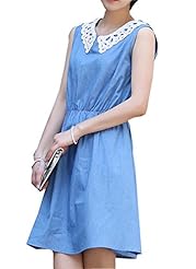 Elasticized   Waistline Cotton/Denim Sleeveless Flared-Skirt Lace   Dress With Pearls