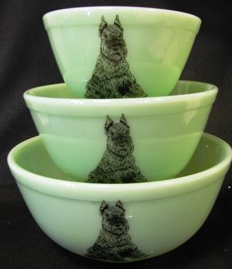Jadeite Green Milk Glass Nesting Mixing Bowls Sitting Schnauzer Dog Design