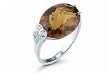 14K White Gold Hand-Crafted Designer Ring, Centered with an Oval-Shaped Semi-Precious Smokey Topaz Color Stone, Enhanced with Bezel Set Diamonds.