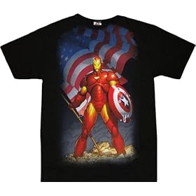 Iron Man with American Flag Black T-shirt Tee