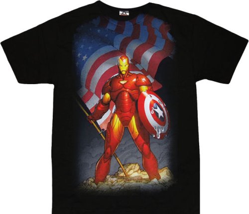  Iron Man with American Flag Black T-shirt Tee
