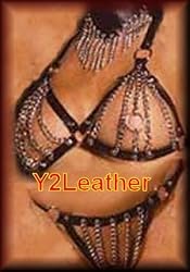 2 Piece Chain Bra with Leather trim and matching G-String, shown with item EML9389 in One Size or Queen Plus Size