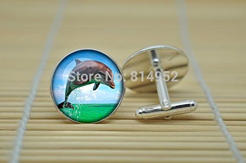 Pretty Lee Dolphin Jewelry Dolphin Nature Cufflinks In Silver Glass Cabochon Cuff Links C1191