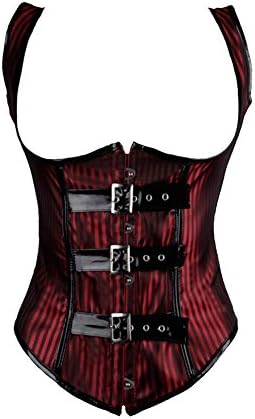Sexy Basque Gothic Corset Bustier Burlesque Top Lace Lingerie Rouge Buckle Busk (Red,L)