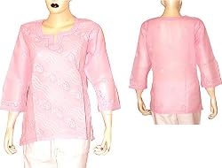 Ladies Kurta Cotton Long Sleeve Top Blouse Chikan Embroidery Size L (ctop411)