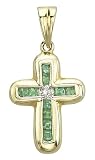 14K Yellow Gold Emerald and Diamond Cross Pendant