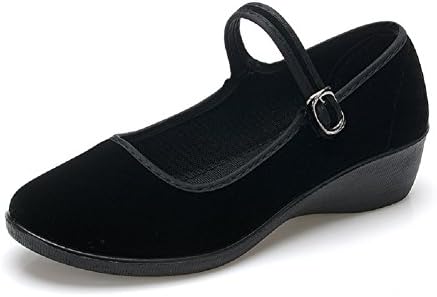 Women's Velvet Mary Jane Shoes Ballerina Ballet Flats Yoga Exercise Dance Shoes (9, Black-low heel)