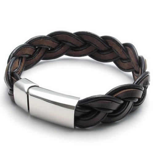 KONOV Brown Leather Mens Bracelet Bangle Stainless Steel Clasp, 16mm - 8
