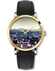 SPRAWL Aanalog Fashion Series Gold Ladies Watches of Genuine Black Leather Strap,Unique Wrist Watch for Women Girls Designed with City View