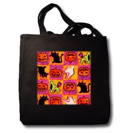 Halloween Black Cats, Jack-o-Lanterns, Ghosts and Witches Hats - Black Tote Bag 14w X 14h X 3d