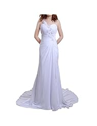 One Shoulder Backless Applique Pleated Beaded Wedding Dress 