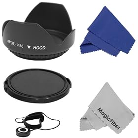 Essential Kit for CANON Rebel T3i T3 T2 T2i T1i XT XTi XSi XS, CANON EOS 1100D 600D 550D 500D 450D 400D 350D 300D 60D 7D -Tulip Flower Lens Hood and Snap-On Lens Cap w/Cap Keeper and Premium Goja Microfiber Cleaning Cloth