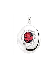 Sterling Silver Red Rose Cameo Oval Locket with 18 inch chain - S00433 - 28m x 20mm