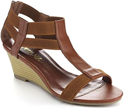 DIVIANA NICKI-19 Women's Elastic T-strap Back Zip Wedge Sandals,BROWN,8.5