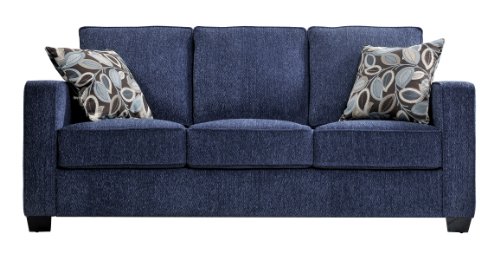 Handy Living Pierre Sofa Federal Blue with Brown Modern Leaf Pillows