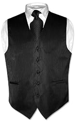 Men's Dress Vest & NeckTie Black Striped Vertical Stripes Design Set for Suit or Tuxedo