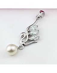 Everbling Diamond Accent Swan Peral Pendant Rhodium Plated 925 Sterling Silver with 18" Silver Chain Necklace