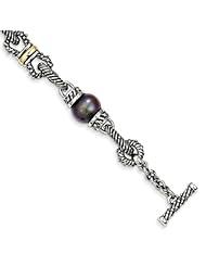 SS 14K Gold 10-10.5mm Black Freshwater Cult. Pearl 7.5in Vintage Style Bracelet