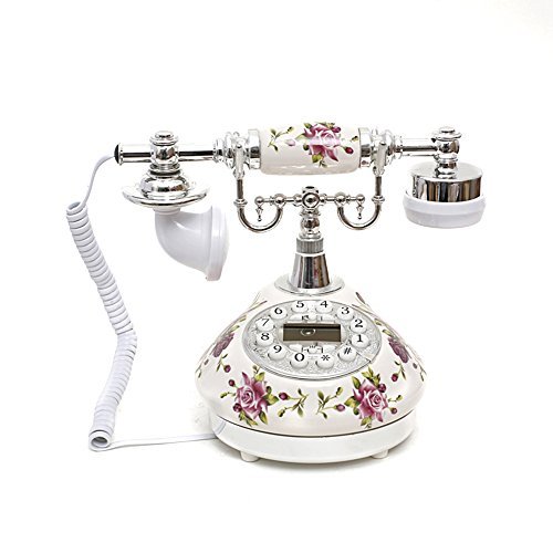 LNC White Rose Flower Ceramic LNC Retro Vintage Antique Style Push Button Dial Desk Telephone Phone Home Living Room Decor