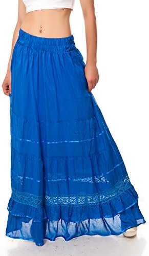 Boho Maxi Tiered Skirt with Lace Deco Borders (XL/XXL, Royal Blue)