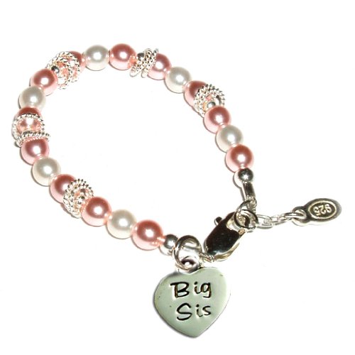 Sterling Silver Big Sis Children's Bracelet for Sisters with Pink & White Pearls and Silver Twisted Rings in Gift Box, 1-5 years