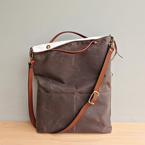 Handcrafted Convertible Waxed Canvas Foldover Tote with Leather Strap in Seal Brown