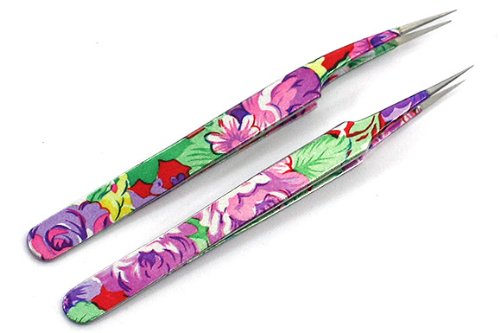 Suvorna Pointed Tip Tweezers Set (2 Pcs) - Extra Long & Designer Flower Pattern