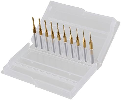 CNBTR 3.175mm Shank Dia Gold Titanium CNC PCB Rotary Burrs Coated Cutter Carbide End Mill Set Pack of 10 (0.6-1.5MM)