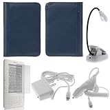 GTMax Blue Leather Case with CC slot + Clear LCD Screen Protector + White LED Clip-On Reading Book Light + White Home Travel Charger + White Rapid Car Charger with IC Chip for Amazon Kindle 3 (3G+WIFI)