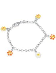 Unicornj Sterling Silver Childrens Bracelet with Flower Charms Yellow Orange White