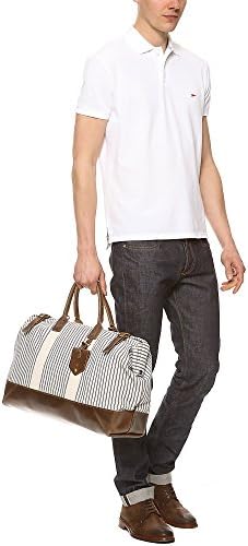 Billykirk Cream & Brown Striped Canvas with Leather Accents Duffel Carry-all Bag