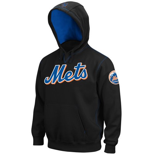 MLB New York Mets Adult Long Sleeve Hood Fleece Pull Over (Black/Deep Royal, Xx-Large)