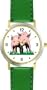 Two Piglets - Pig Animal - WATCHBUDDY� DELUXE TWO-TONE THEME WATCH - Arabic Numbers - Green Leather Strap-Size-Children's Size-Small ( Boy's Size & Girl's Size )