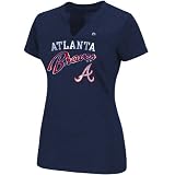 MLB Majestic Atlanta Braves Ladies Game Lead Fashion Split Neck T-Shirt - Navy Blue (Large)