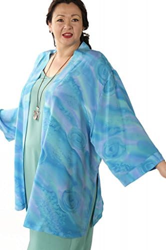Peggy Lutz Plus Tunic-Length Kimono Jade Turquoise Lavender Handpainted Silk Crepe