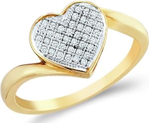 Size - 6.5 - 10k Yellow and White Two 2 Tone Gold Love Heart Shape Center Micro Pave Setting Round Cut Ladies Diamond Fashion Ring Band 8mm (.05 cttw)