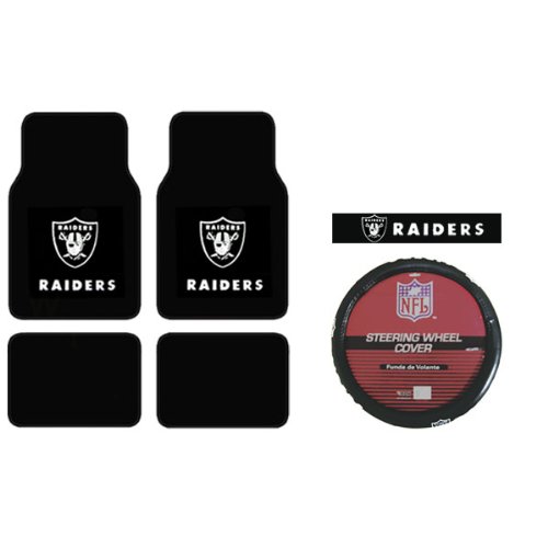 A Set of 4 Universal-Fit NFL Plush Carpet Floor Mats and a Comfort Grip Steering Wheel Cover - Oakland Raiders