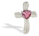 14K White Gold Genuine Heart Pink Tourmaline Cross Pendant