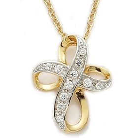3/4" 24K Gold/Sterling Silver Bow Cross Necklace with Set Crystal Cubic Zirconia Stones on 18" Chain