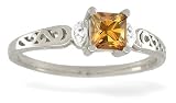14K White Gold Genuine Square Citrine and Diamond Filligree Ring