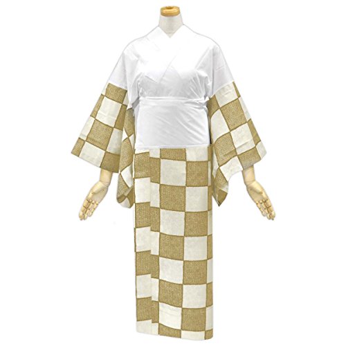 洗える 二部式長襦袢 単衣【疋田市松 芥子色 からし色×生成り 桜地紋 14963】鹿の子 仕立て上がり えもん抜き付