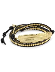 M.Cohen Handmade Designs Gold Bead and Feather Charm On Black Triple Wrap Bracelet