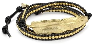 M.Cohen Handmade Designs Gold Bead and Feather Charm On Black Triple Wrap Bracelet