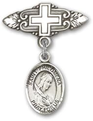 Sterling Silver Baby Badge with St. Philomena Charm and Badge Pin with Cross